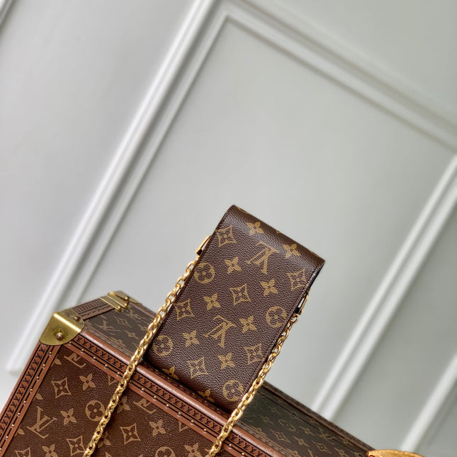 PHONE POUCH 17.5 IN BROWN MONOGRAM COATED CANVAS AND CALFSKIN