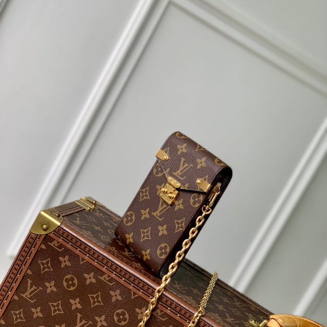 PHONE POUCH 17.5 IN BROWN MONOGRAM COATED CANVAS AND CALFSKIN