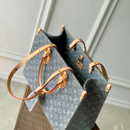 ONTHEGO ORGANIZER 35 IN GREY MONOGRAM DENIM LIGHT BROWN CALFSKIN