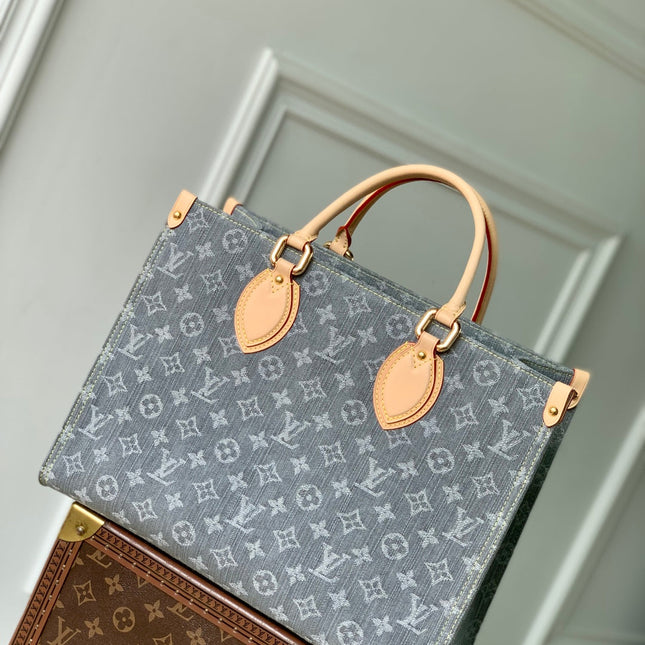 ONTHEGO ORGANIZER 35 IN GREY MONOGRAM DENIM LIGHT BROWN CALFSKIN