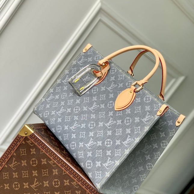 ONTHEGO ORGANIZER 35 IN GREY MONOGRAM DENIM LIGHT BROWN CALFSKIN