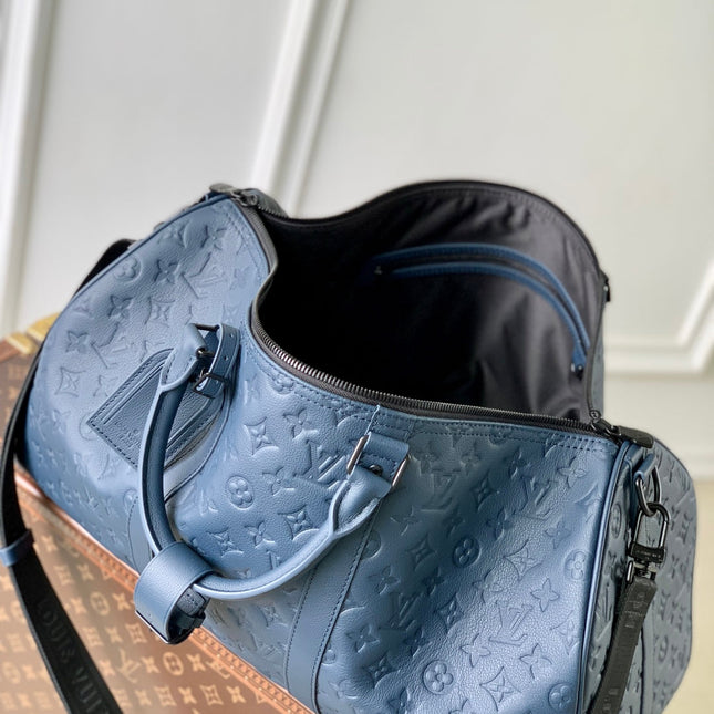 KEEPALL BANDOULIÈRE 50 IN DARK BLUE MONOGRAM SHADOW EMBOSSED CALFSKIN