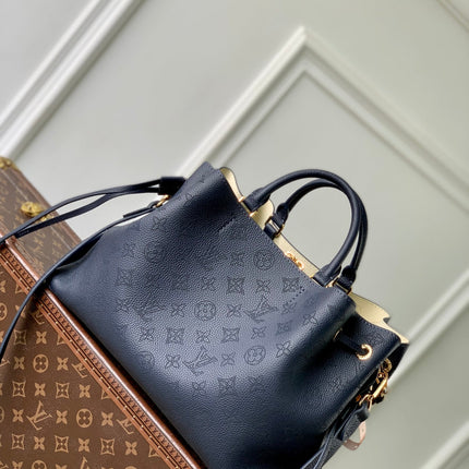 BELLA TOTE 32 IN DARK BLUE MONOGRAM PERFORATED CALFSKIN GOLD HARDWARE