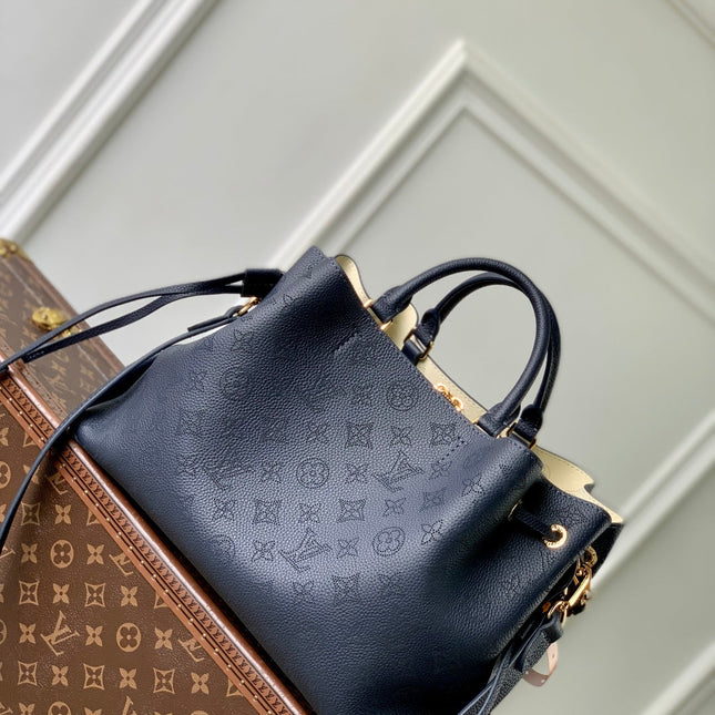 BELLA TOTE 32 IN DARK BLUE MONOGRAM PERFORATED CALFSKIN GOLD HARDWARE