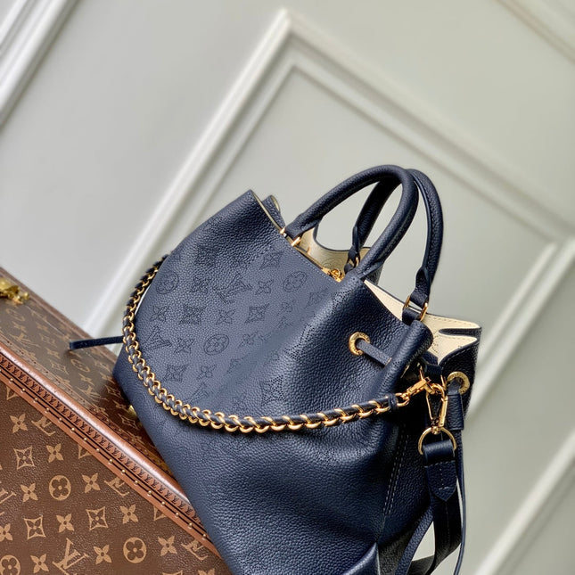 BELLA TOTE 32 IN DARK BLUE MONOGRAM PERFORATED CALFSKIN GOLD HARDWARE