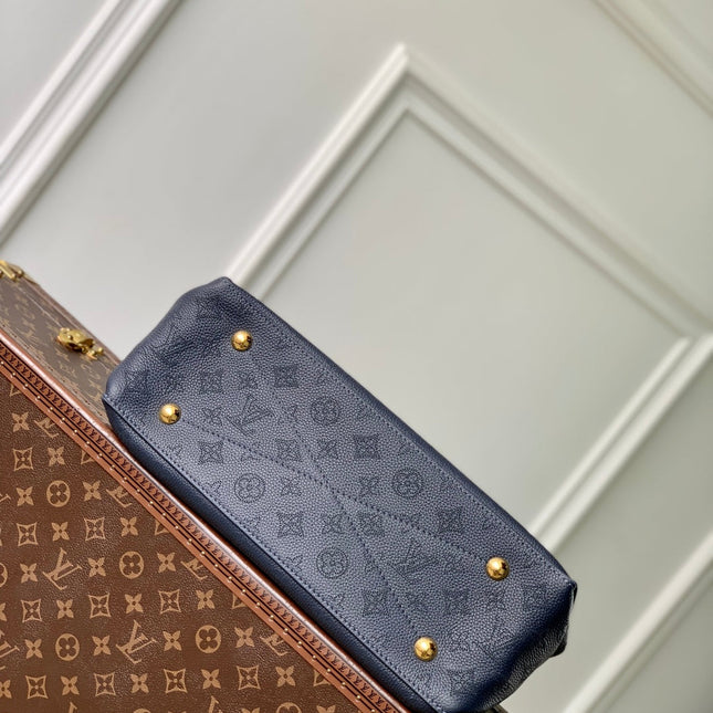 BELLA TOTE 32 IN DARK BLUE MONOGRAM PERFORATED CALFSKIN GOLD HARDWARE