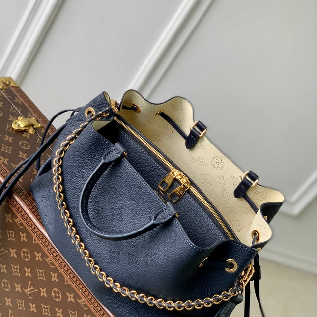 BELLA TOTE 32 IN DARK BLUE MONOGRAM PERFORATED CALFSKIN GOLD HARDWARE