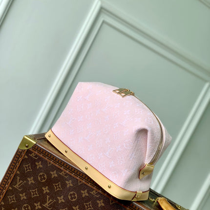 COSMETIC POUCH 27 IN PINK MONOGRAM DENIM GOLD HARDWARE