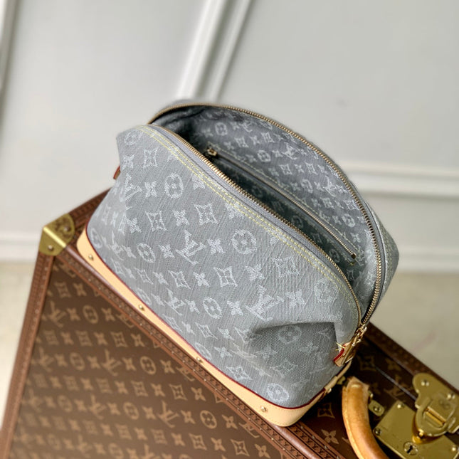 COSMETIC POUCH 27 IN GREY MONOGRAM DENIM GOLD HARDWARE