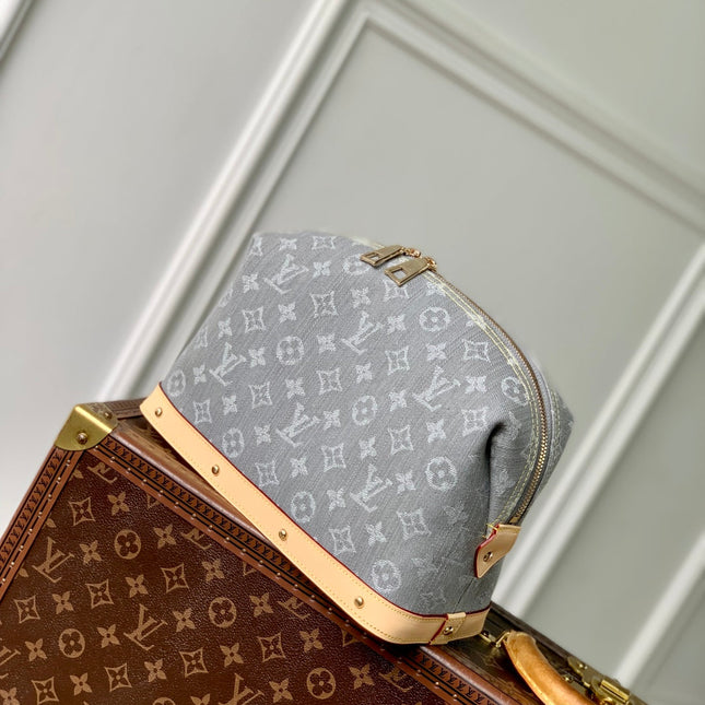 COSMETIC POUCH 27 IN GREY MONOGRAM DENIM GOLD HARDWARE