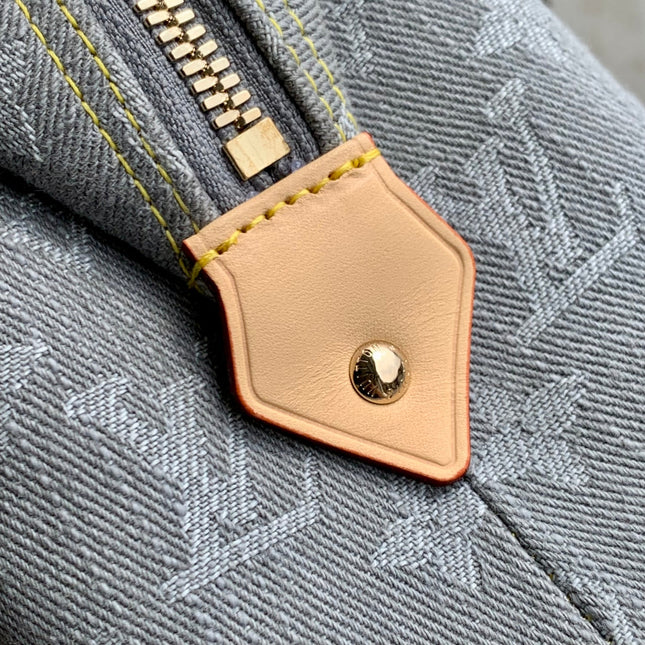 COSMETIC POUCH 27 IN GREY MONOGRAM DENIM GOLD HARDWARE