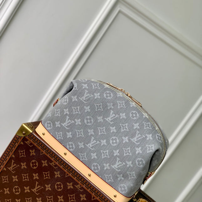 COSMETIC POUCH 27 IN GREY MONOGRAM DENIM GOLD HARDWARE
