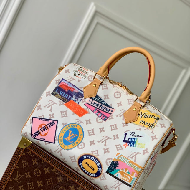 SPEEDY SOFT 30 IN WHITE MONOGRAM DUNE CANVAS AND CALFSKIN