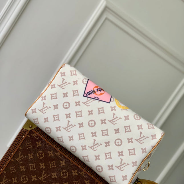 SPEEDY SOFT 30 IN WHITE MONOGRAM DUNE CANVAS AND CALFSKIN