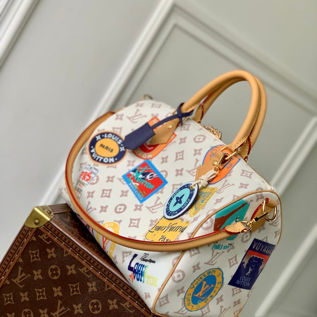 SPEEDY SOFT 30 IN WHITE MONOGRAM DUNE CANVAS AND CALFSKIN