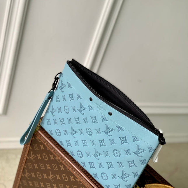 POCHETTE TO GO 30 IN SKY BLUE MONOGRAM SHADOW CALFSKIN EMBOSSED LOGO