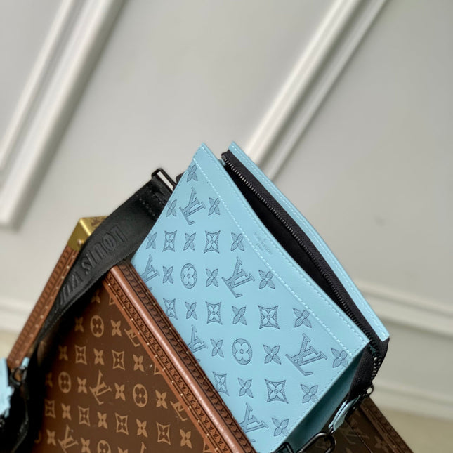 GASTON WEARABLE WALLET 22 IN SKY BLUE MONOGRAM SHADOW CALFSKIN EMBOSSED LOGO