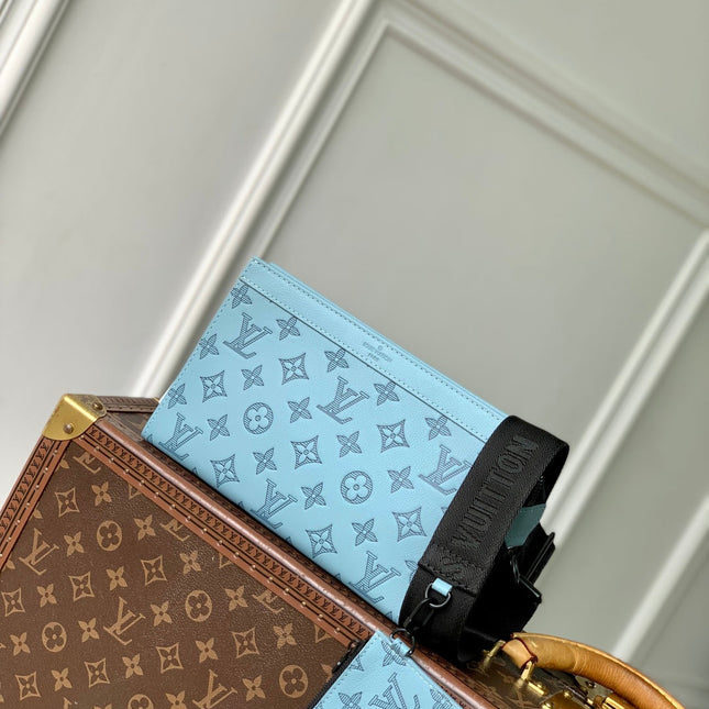 GASTON WEARABLE WALLET 22 IN SKY BLUE MONOGRAM SHADOW CALFSKIN EMBOSSED LOGO