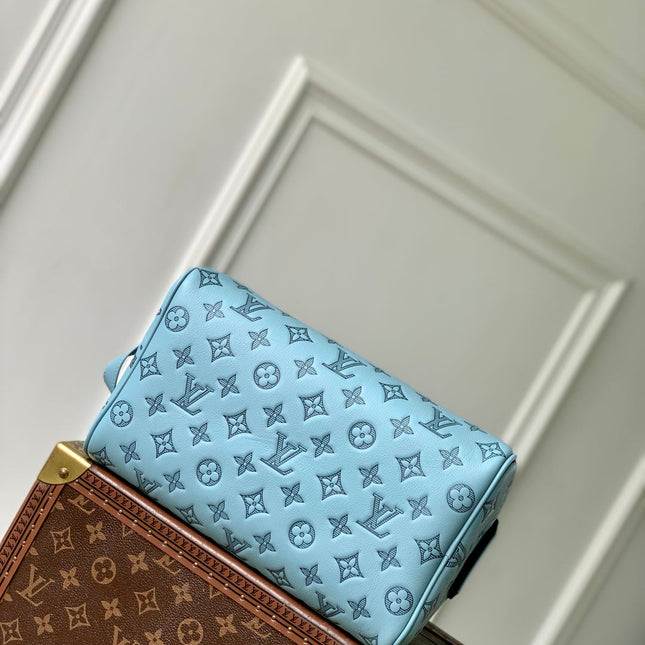 DOPP KIT 28 IN SKY BLUE MONOGRAM SHADOW CALFSKIN EMBOSSED LOGO