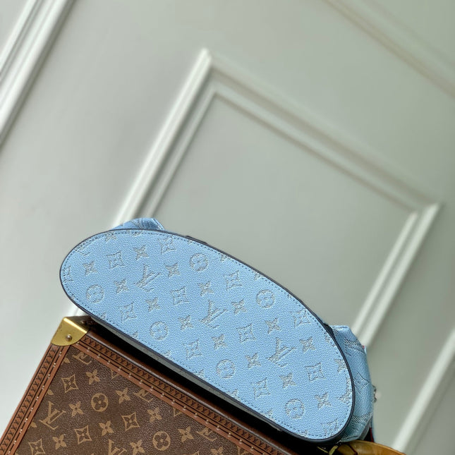 CHRISTOPHER MM BACKPACK 44 IN SKY BLUE MONOGRAM HERITAGE CANVAS BLACK CALFSKIN