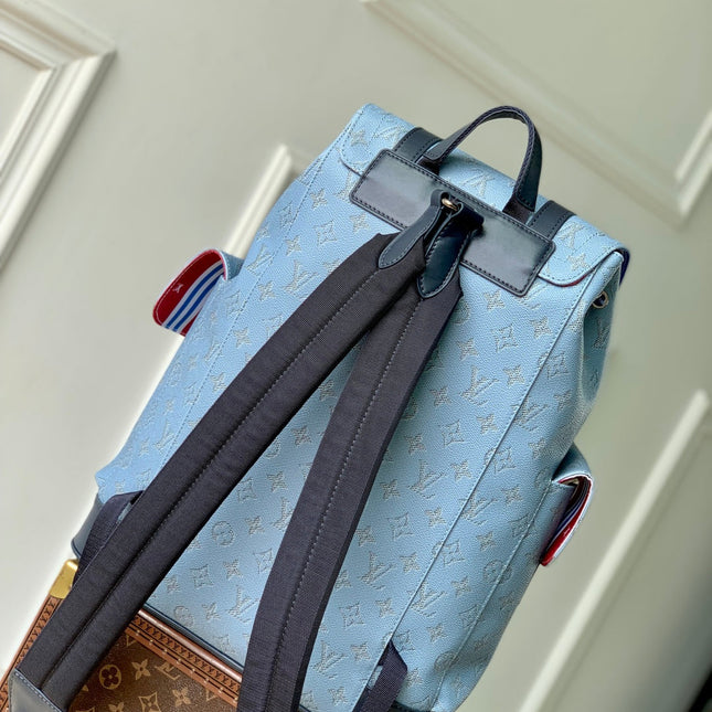 CHRISTOPHER MM BACKPACK 44 IN SKY BLUE MONOGRAM HERITAGE CANVAS BLACK CALFSKIN