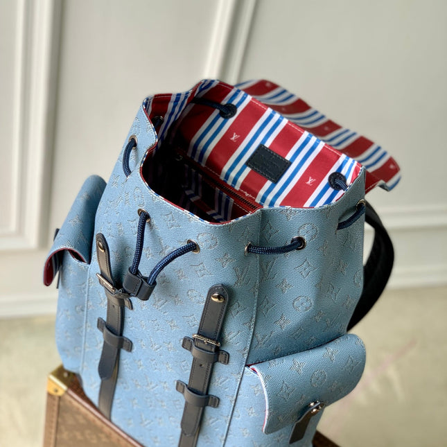 CHRISTOPHER MM BACKPACK 44 IN SKY BLUE MONOGRAM HERITAGE CANVAS BLACK CALFSKIN