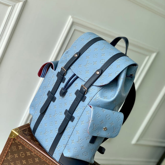 CHRISTOPHER MM BACKPACK 44 IN SKY BLUE MONOGRAM HERITAGE CANVAS BLACK CALFSKIN