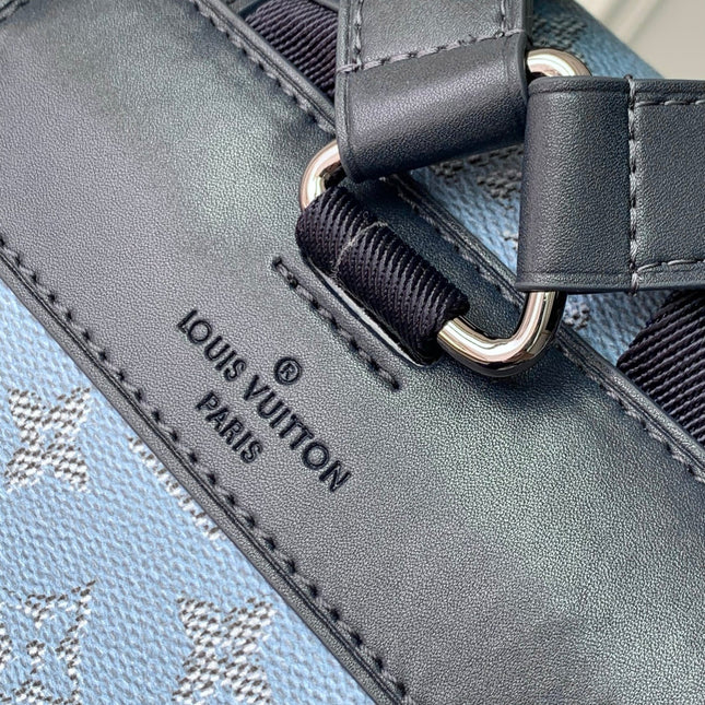 CHRISTOPHER MM BACKPACK 44 IN SKY BLUE MONOGRAM HERITAGE CANVAS BLACK CALFSKIN