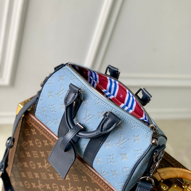 KEEPALL BANDOULIÈRE 25 INSKY BLUE MONOGRAM HERITAGE CANVAS DARK BLUE CALFSKIN