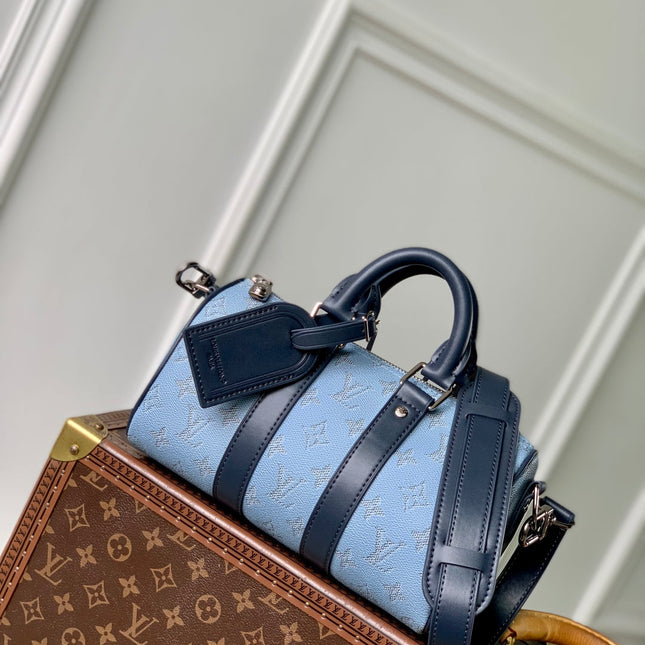 KEEPALL BANDOULIÈRE 25 INSKY BLUE MONOGRAM HERITAGE CANVAS DARK BLUE CALFSKIN