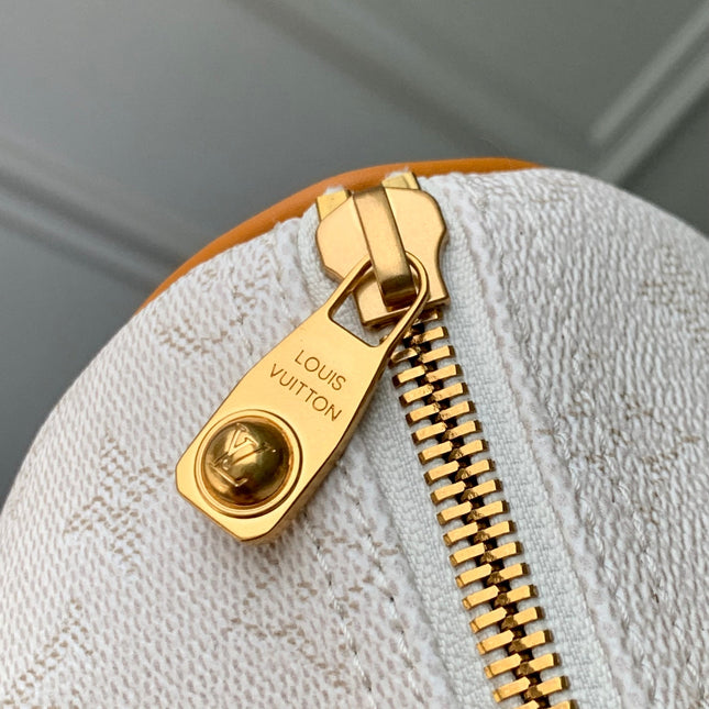 KEEPALL BANDOULIÈRE 25 IN WHITE MONOGRAM HERITAGE CANVAS BRWON CALFSKIN
