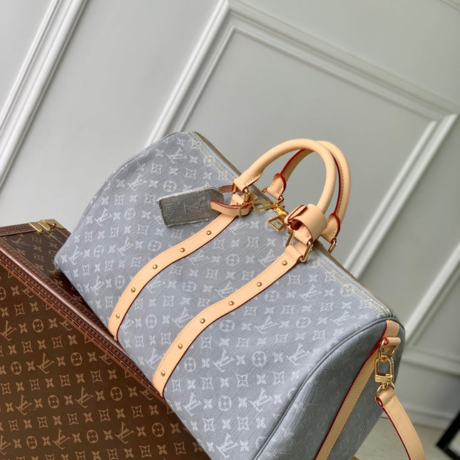 KEEPALL BANDOULIÈRE 45 IN GREY MONOGRAM DENIM LIGHT BROWN CALFSKIN