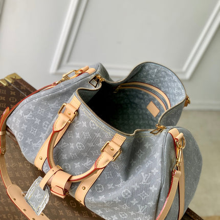 KEEPALL BANDOULIÈRE 45 IN GREY MONOGRAM DENIM LIGHT BROWN CALFSKIN