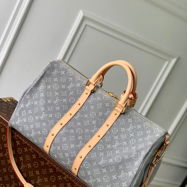 KEEPALL BANDOULIÈRE 45 IN GREY MONOGRAM DENIM LIGHT BROWN CALFSKIN