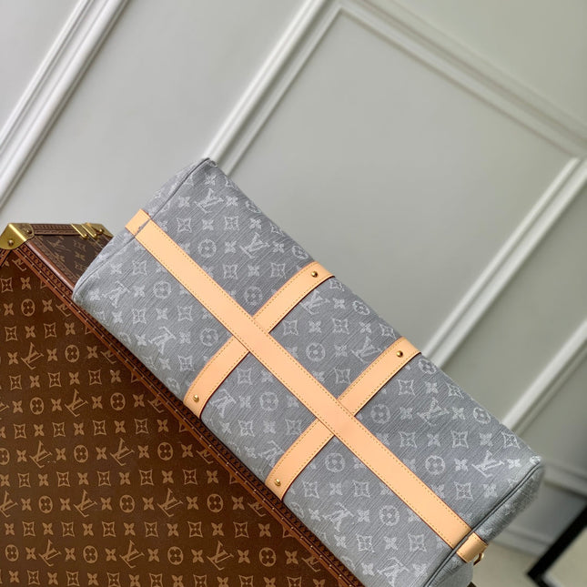 KEEPALL BANDOULIÈRE 45 IN GREY MONOGRAM DENIM LIGHT BROWN CALFSKIN