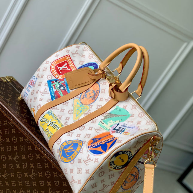 KEEPALL BANDOULIÈRE 45 IN WHITE MONOGRAM DUNE CANVAS AND CALFSKIN