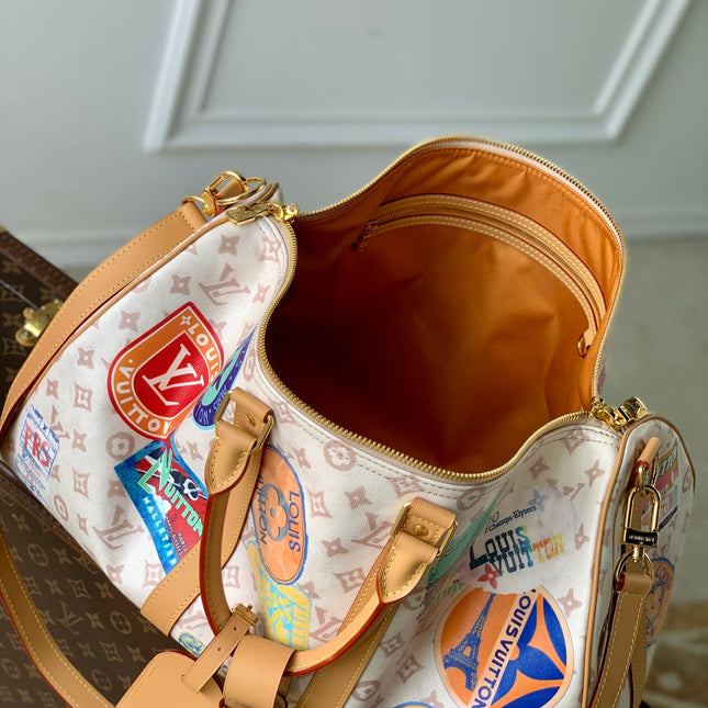 KEEPALL BANDOULIÈRE 45 IN WHITE MONOGRAM DUNE CANVAS AND CALFSKIN
