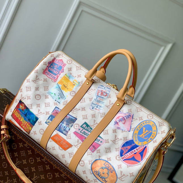 KEEPALL BANDOULIÈRE 45 IN WHITE MONOGRAM DUNE CANVAS AND CALFSKIN