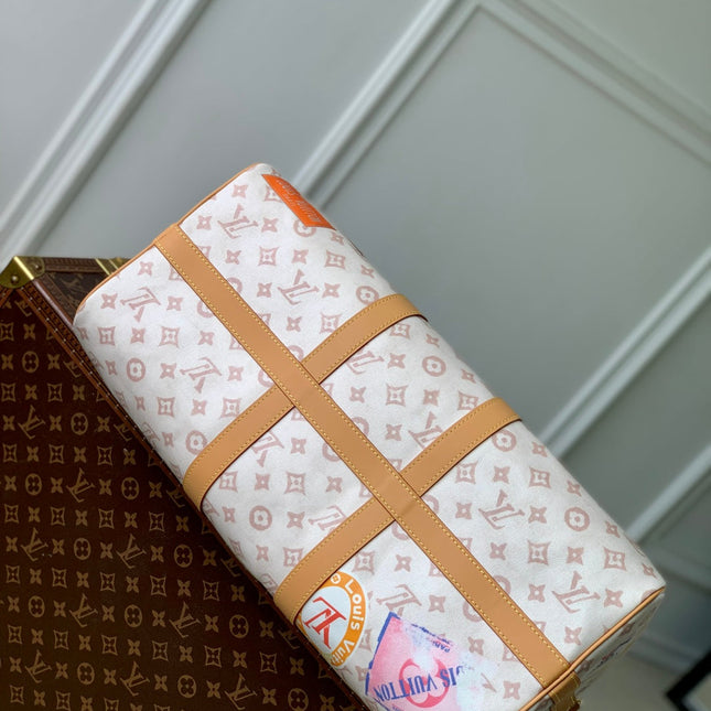 KEEPALL BANDOULIÈRE 45 IN WHITE MONOGRAM DUNE CANVAS AND CALFSKIN
