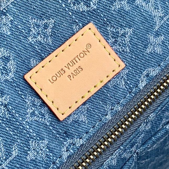 NEVERFULL MM 31 IN DENIM BLUE MONOGRAM COWHIDE LEATHER TRIM