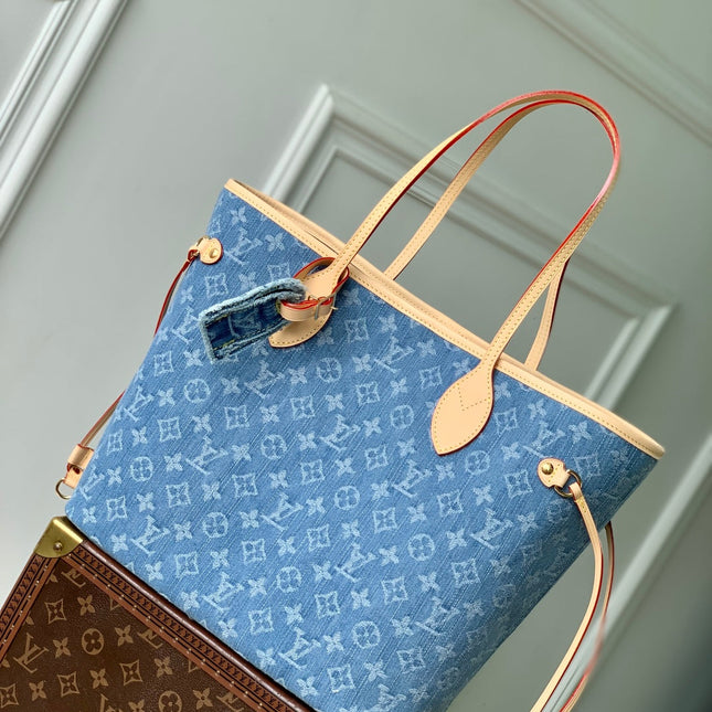 NEVERFULL MM 31 IN DENIM BLUE MONOGRAM COWHIDE LEATHER TRIM