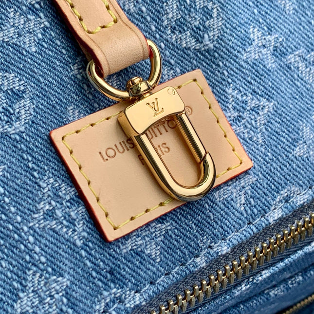 NEVERFULL MM 31 IN DENIM BLUE MONOGRAM COWHIDE LEATHER TRIM