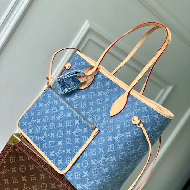 NEVERFULL MM 31 IN DENIM BLUE MONOGRAM COWHIDE LEATHER TRIM