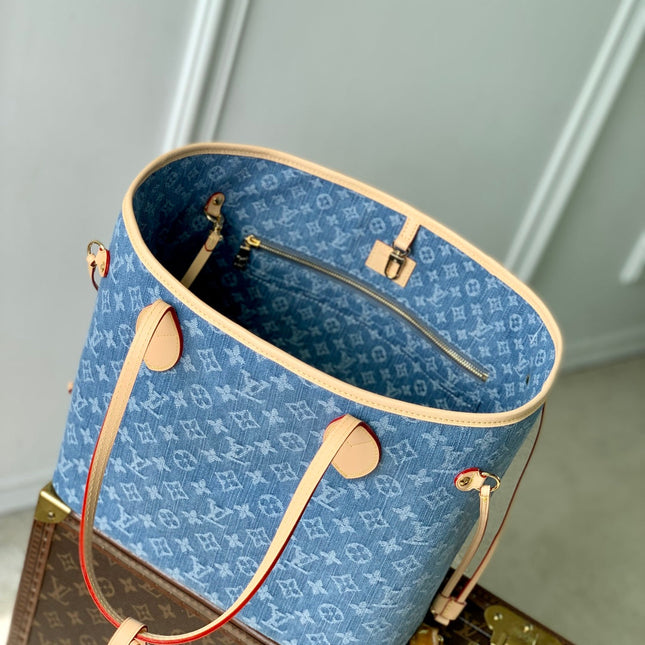 NEVERFULL MM 31 IN DENIM BLUE MONOGRAM COWHIDE LEATHER TRIM