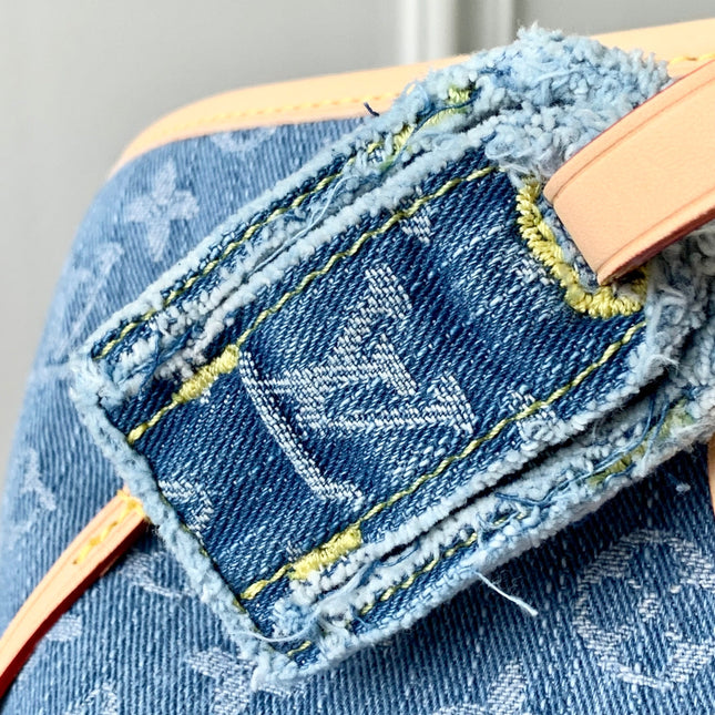 NEVERFULL MM 31 IN DENIM BLUE MONOGRAM COWHIDE LEATHER TRIM