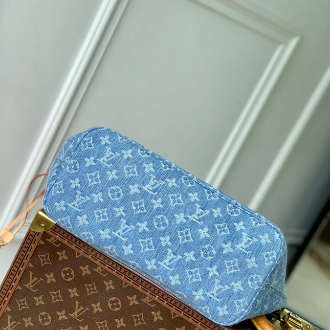 NEVERFULL MM 31 IN DENIM BLUE MONOGRAM COWHIDE LEATHER TRIM