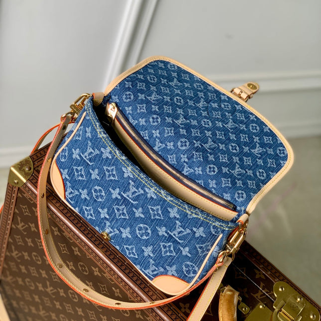 DIANE 24 IN DENIM BLUE MONOGRAM COWHIDE LEATHER TRIM