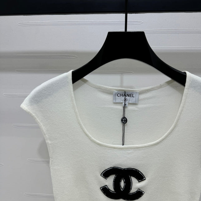Chanel 25 White Tank Top Square Neck Knitted