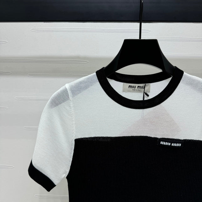 MIUMIU CREW NECK SHORT-SLEEVE SHEER KNIT TOP 274813