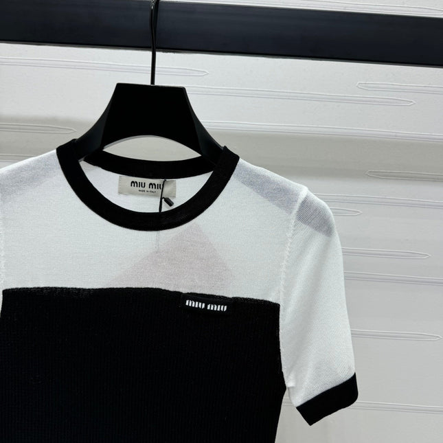 MIUMIU CREW NECK SHORT-SLEEVE SHEER KNIT TOP 274813